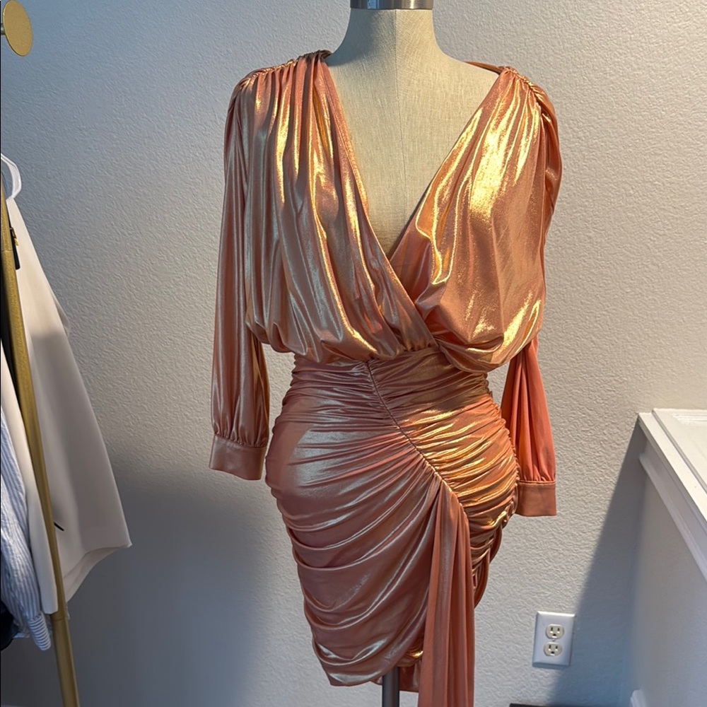 Oh Polly Elegant Metallic Dress in Shimmering Gold